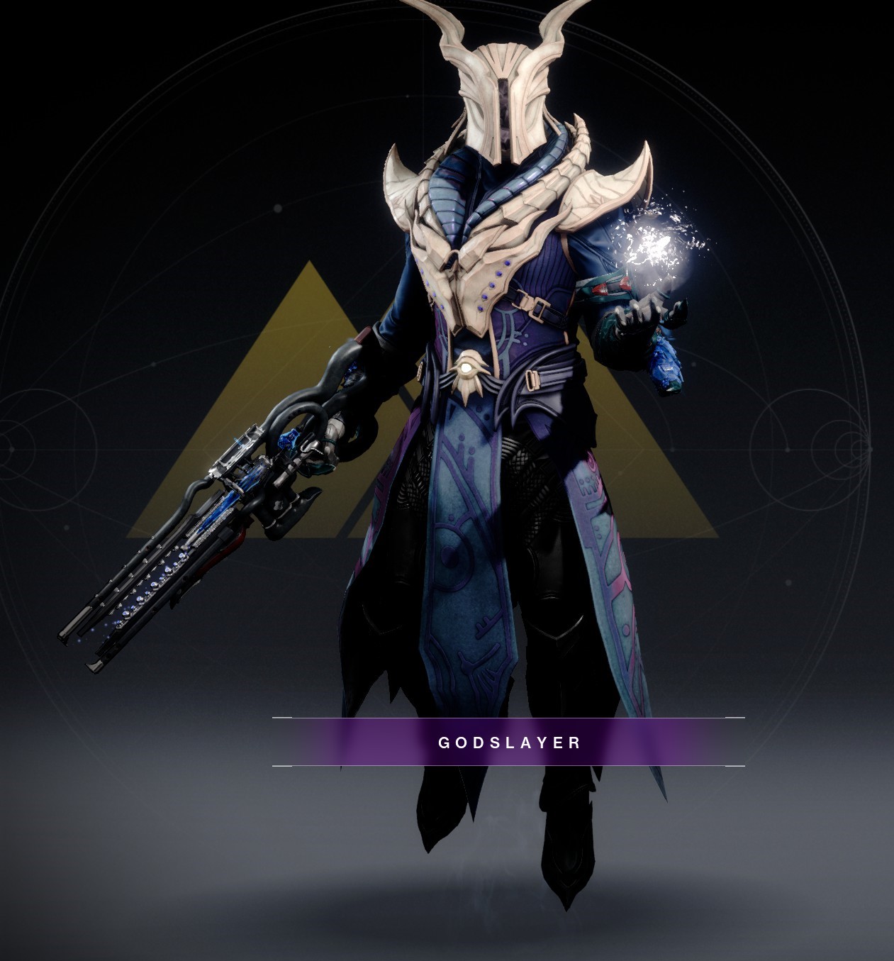 Warlock armor sets and character customizations for Godslayer featuring futuristic gear and a ghost companion