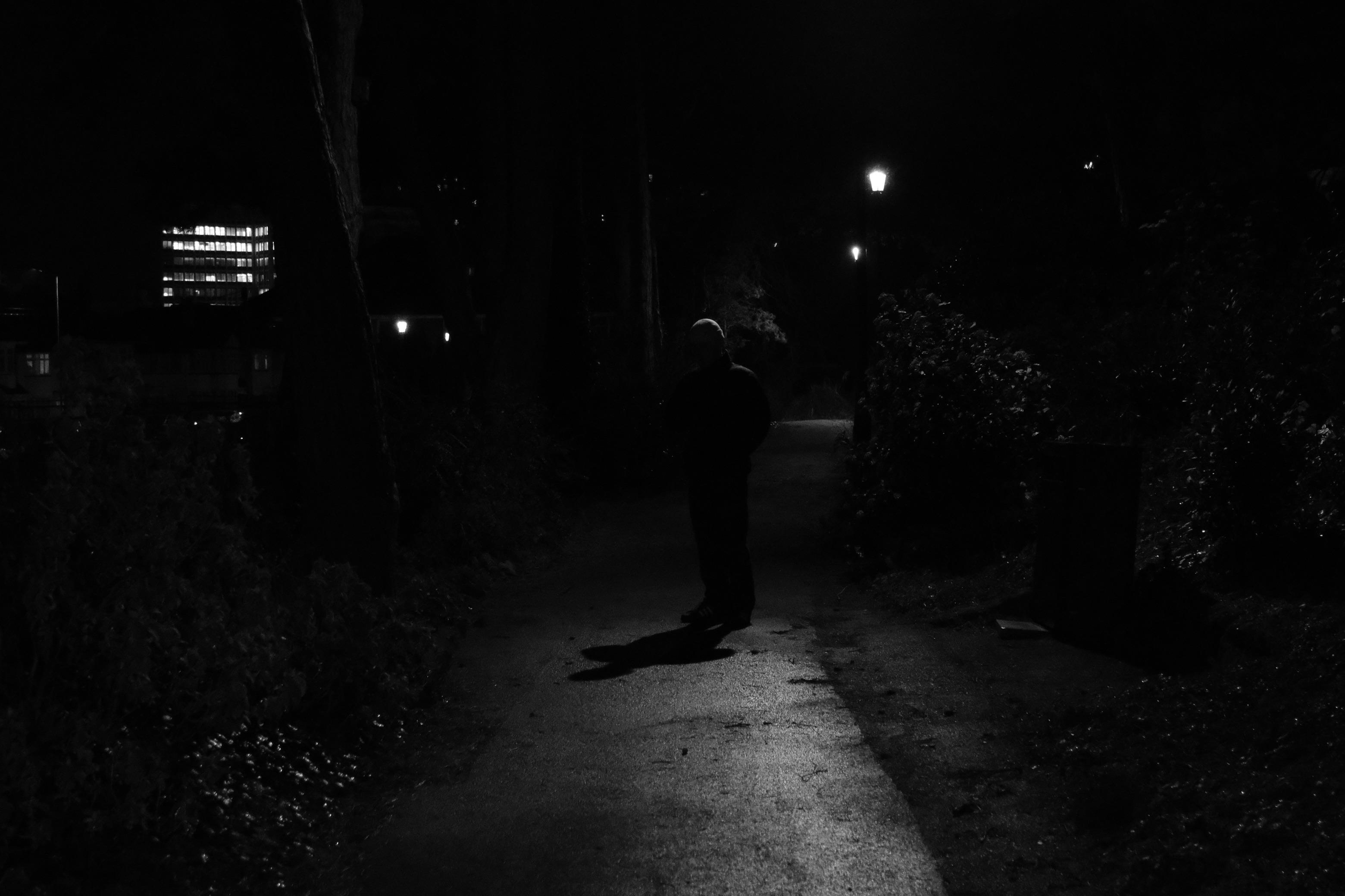 Moody Fujifilm X-M5 shots of a person with a tattoo sleeve, a city street at night, and a houseplant by a window.
