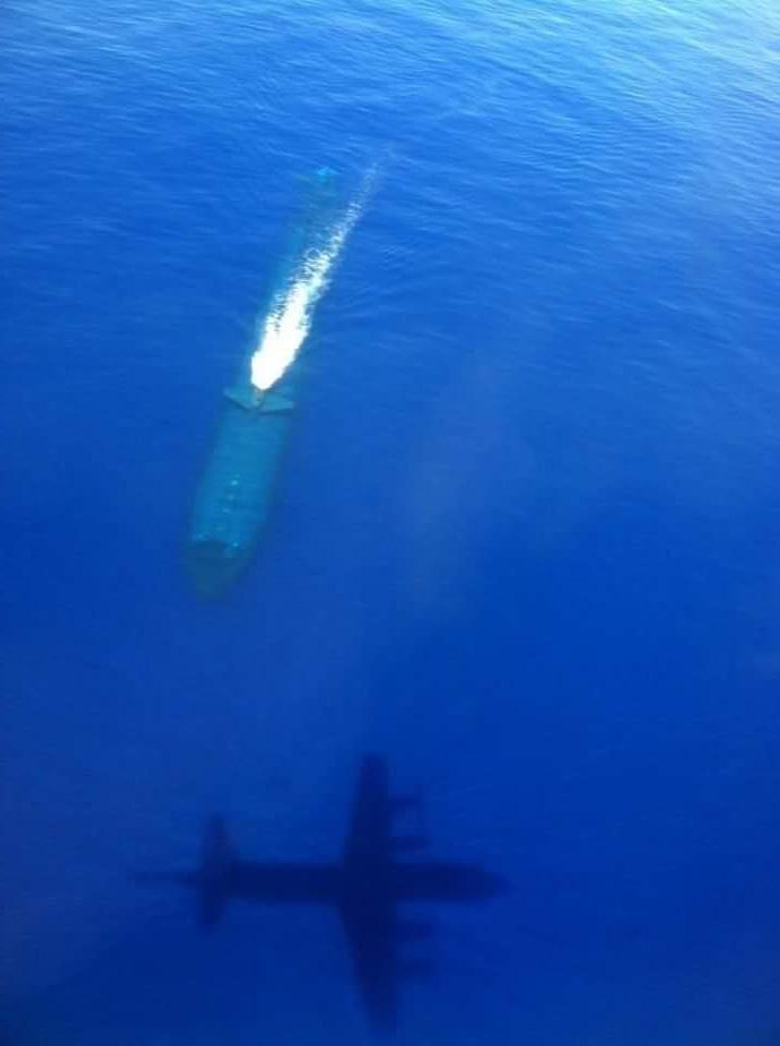 Los Angeles class submarine at periscope depth, viewed from a P-3 Orion anti-submarine plane