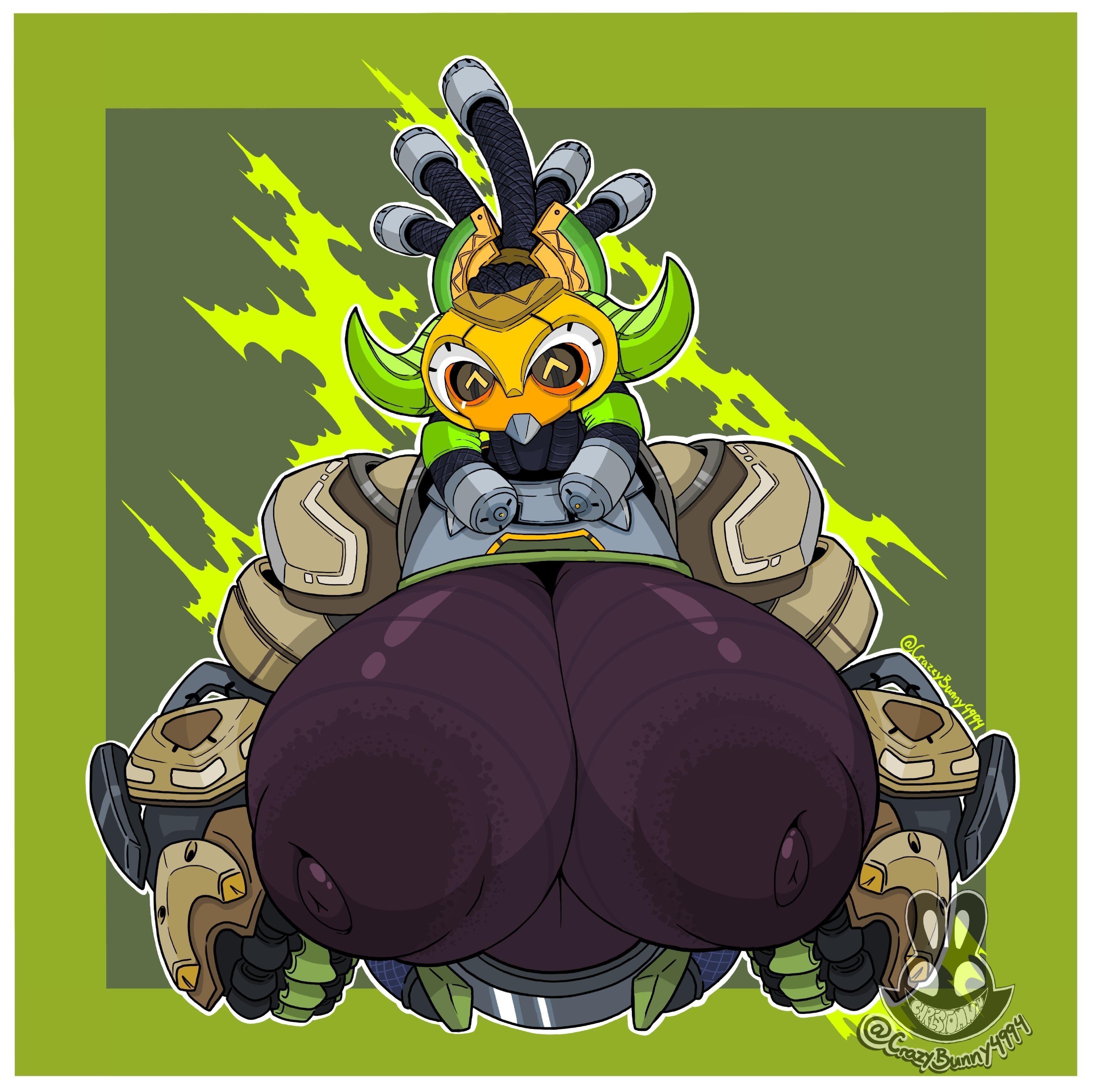 Orisa from Overwatch fan art by @CherryBunny, busty and thick anthropomorphic warrior in mechanical armor