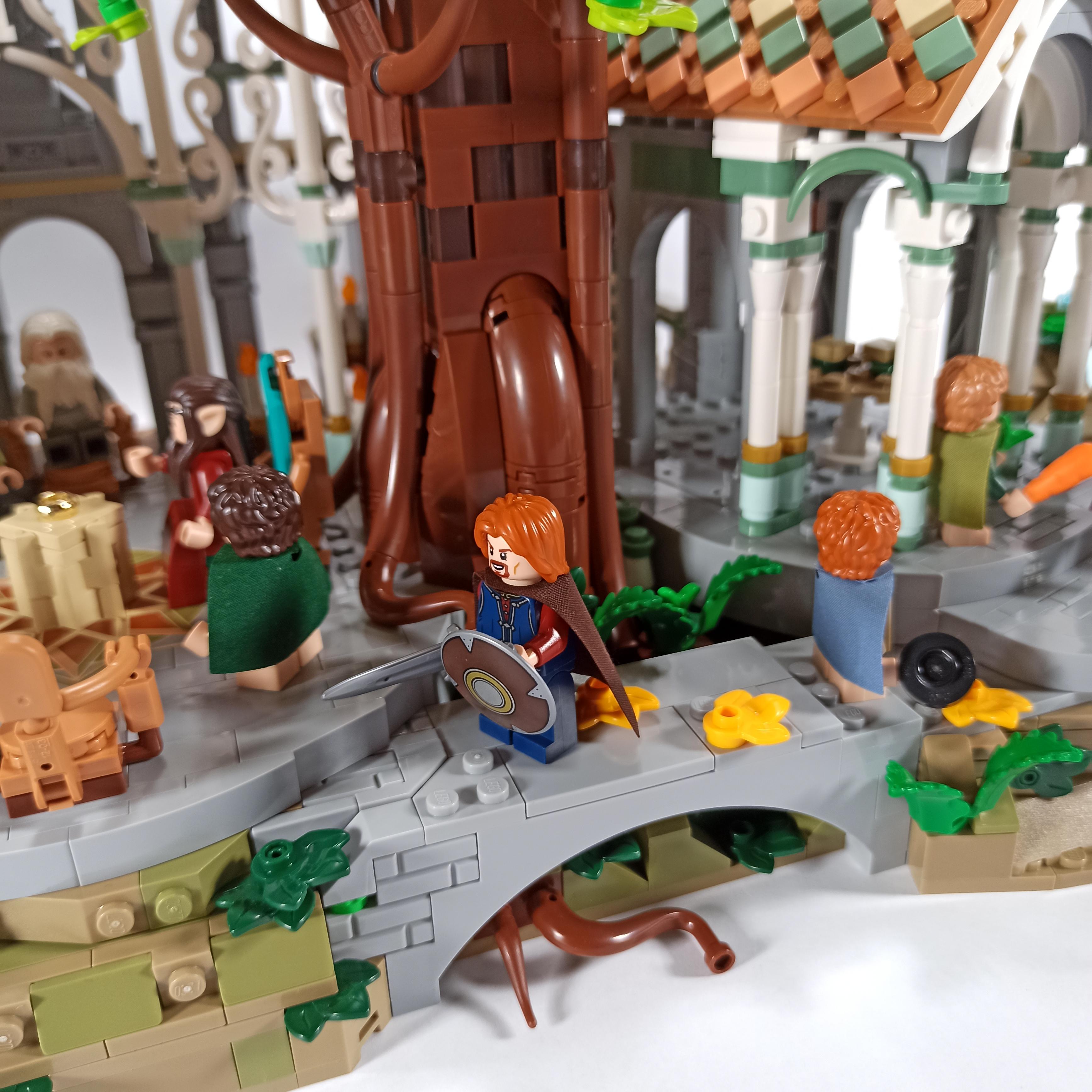 LEGO Icons 10316 The Lord of the Rings Rivendell diorama with minifigures in a forest setting