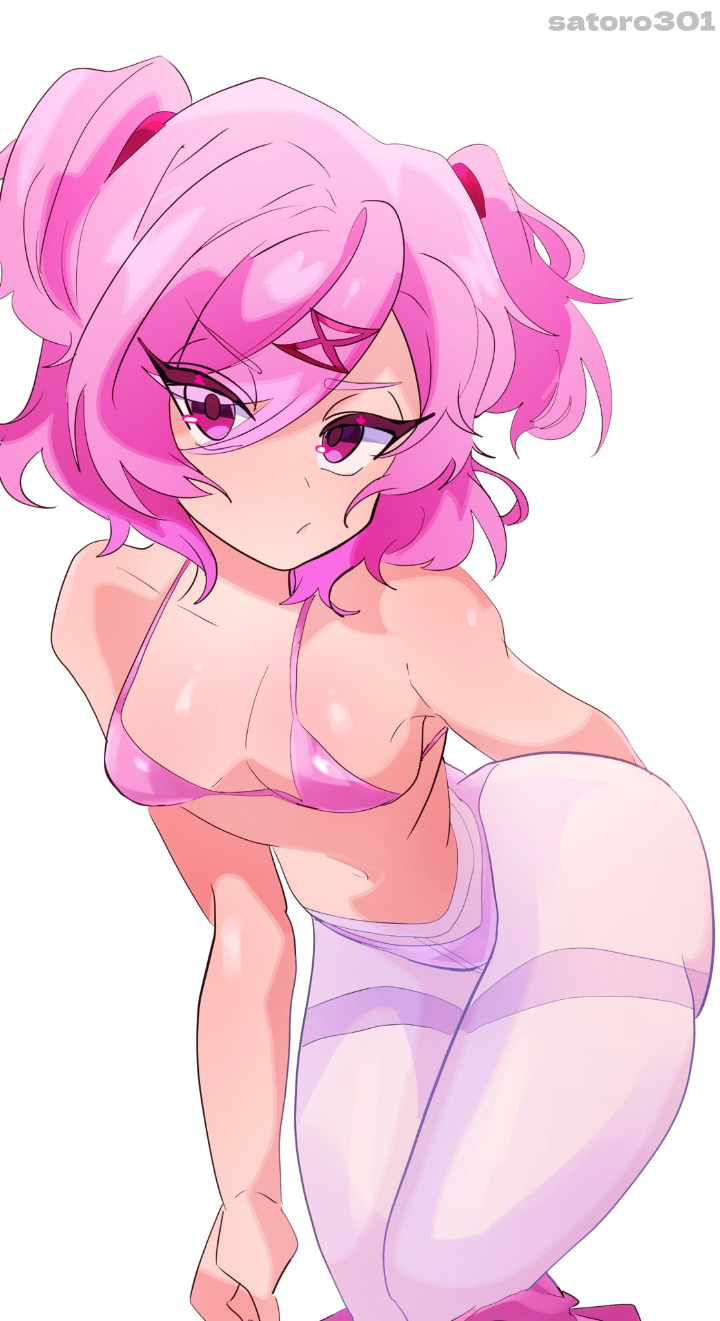 Natsuki pink hair anime girl busty and thick posing naked and in lingerie with ahegao expressions