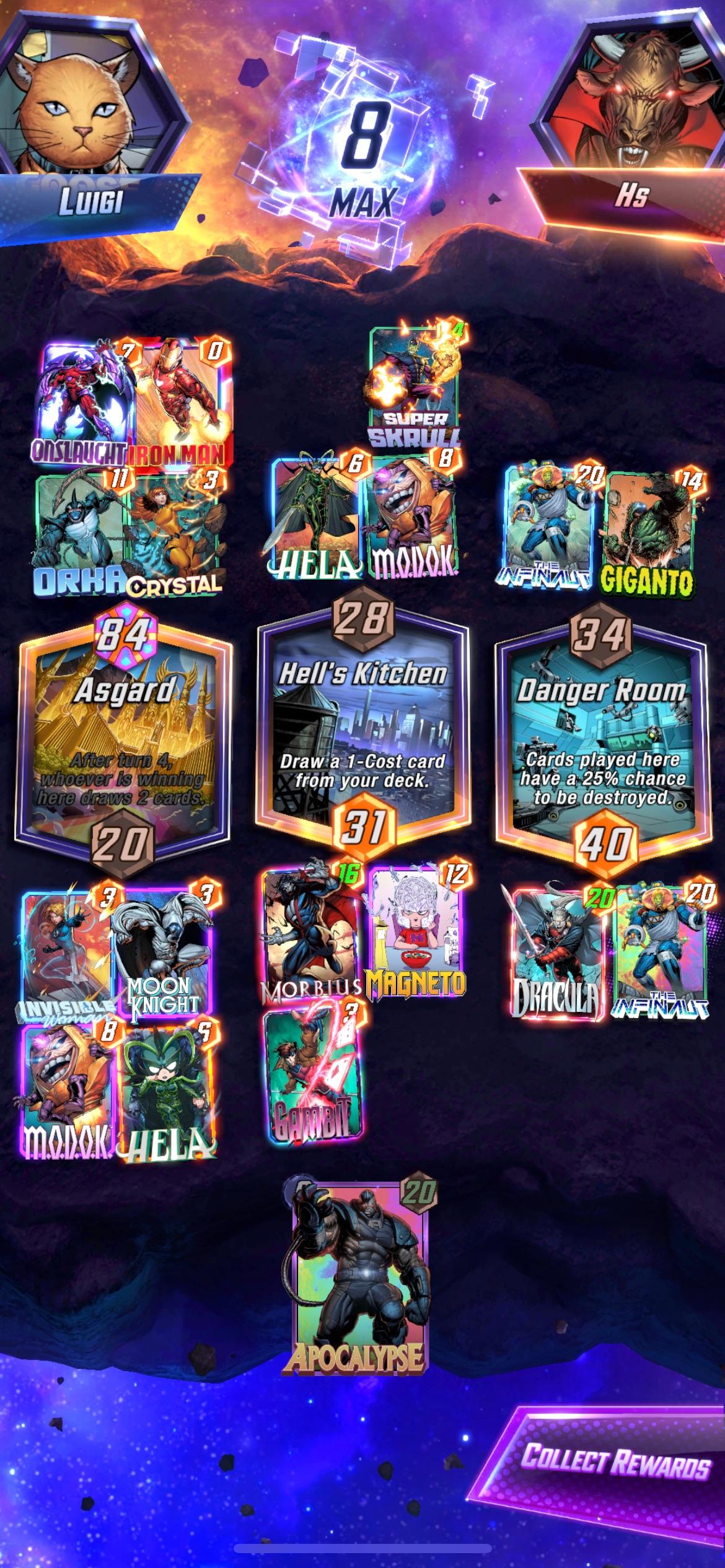Marvel Snap digital cards featuring comic art of Loki, Magneto, Hela, and other characters on a game interface.