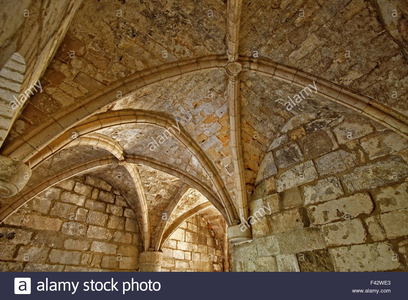 Medieval Minecraft builds featuring vaulted ceilings and stone walls with a group of people.
