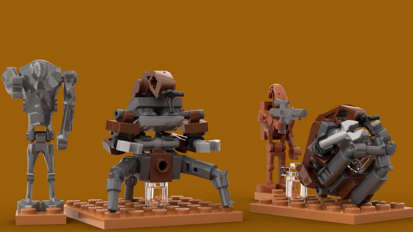 1:40 Scale Droidekas that roll up in an accurate way. - Inspiration from Pondering Peregrine (3rd render) and Zachpieces (4th render) on Rebrickable + hours of trial and error!