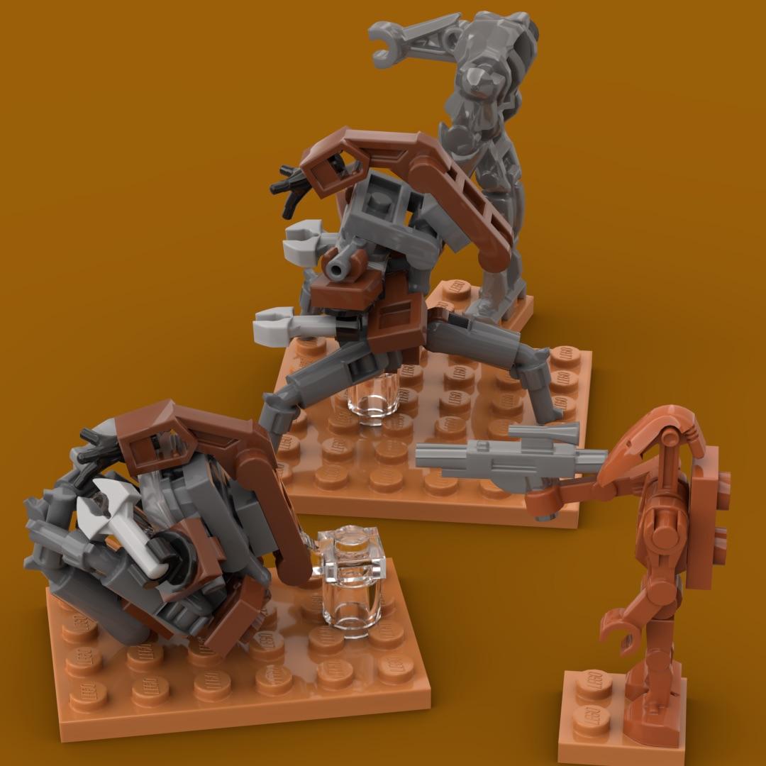 1:40 scale LEGO Droidekas in various poses, including a glass dome and baseplates.