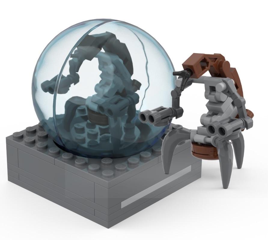 1:40 scale LEGO Droidekas in various poses, including a glass dome and baseplates.