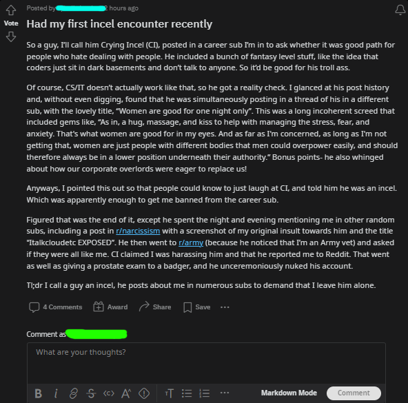 A Reddit moment screenshot of a post about a butt-hurt incel trying too hard to sound badass in the comments.