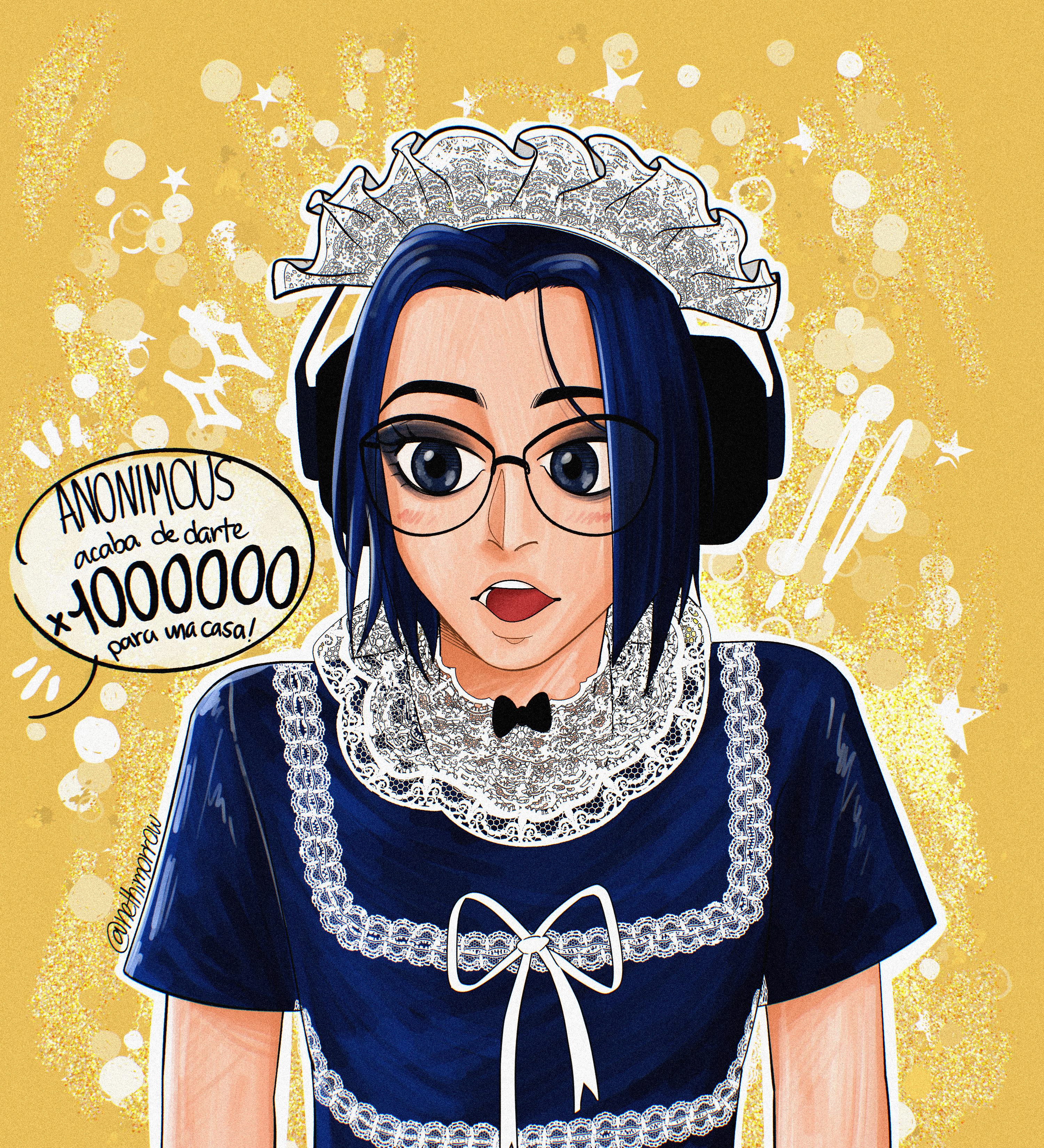 Digital anime art of stylized characters in diverse costumes including a maid outfit, angel wings, and swimwear