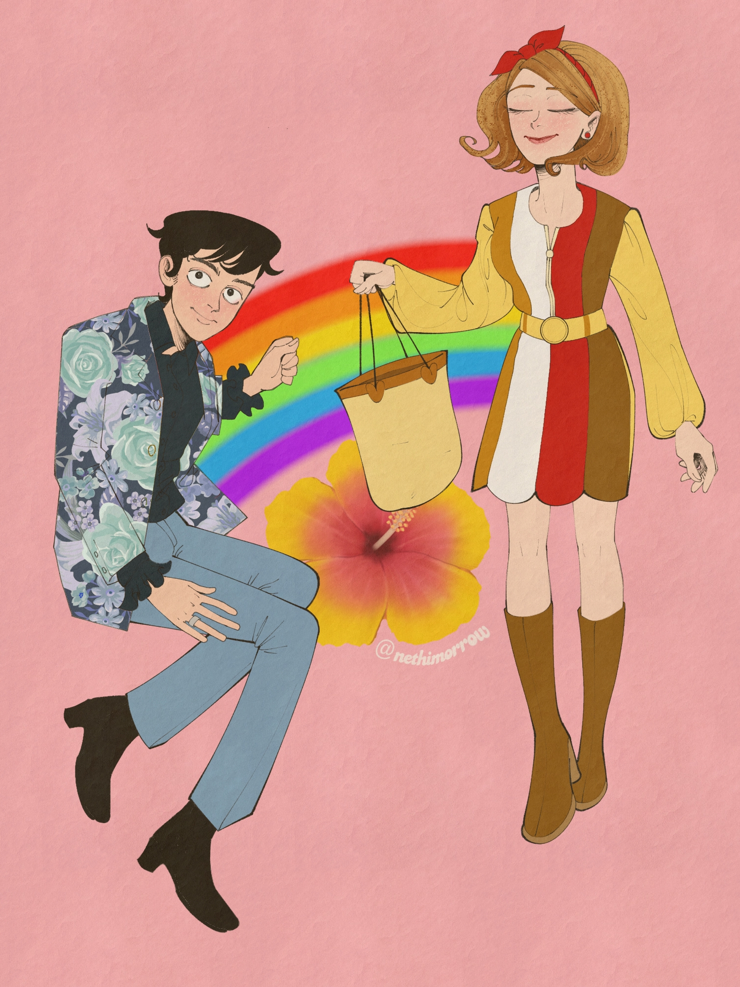 Digital anime art of stylized characters in diverse costumes including a maid outfit, angel wings, and swimwear