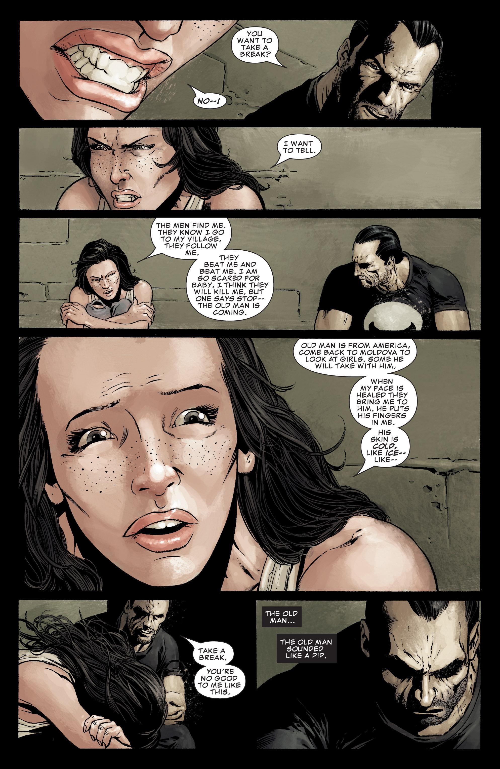 The Punisher #26 comic book art of a scared woman with pale skin curled up on a bed in a sparse room.