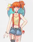 Misty pokemon fan art by Larienne featuring a woman with orange hair, a yellow crop top, and a Pokéball