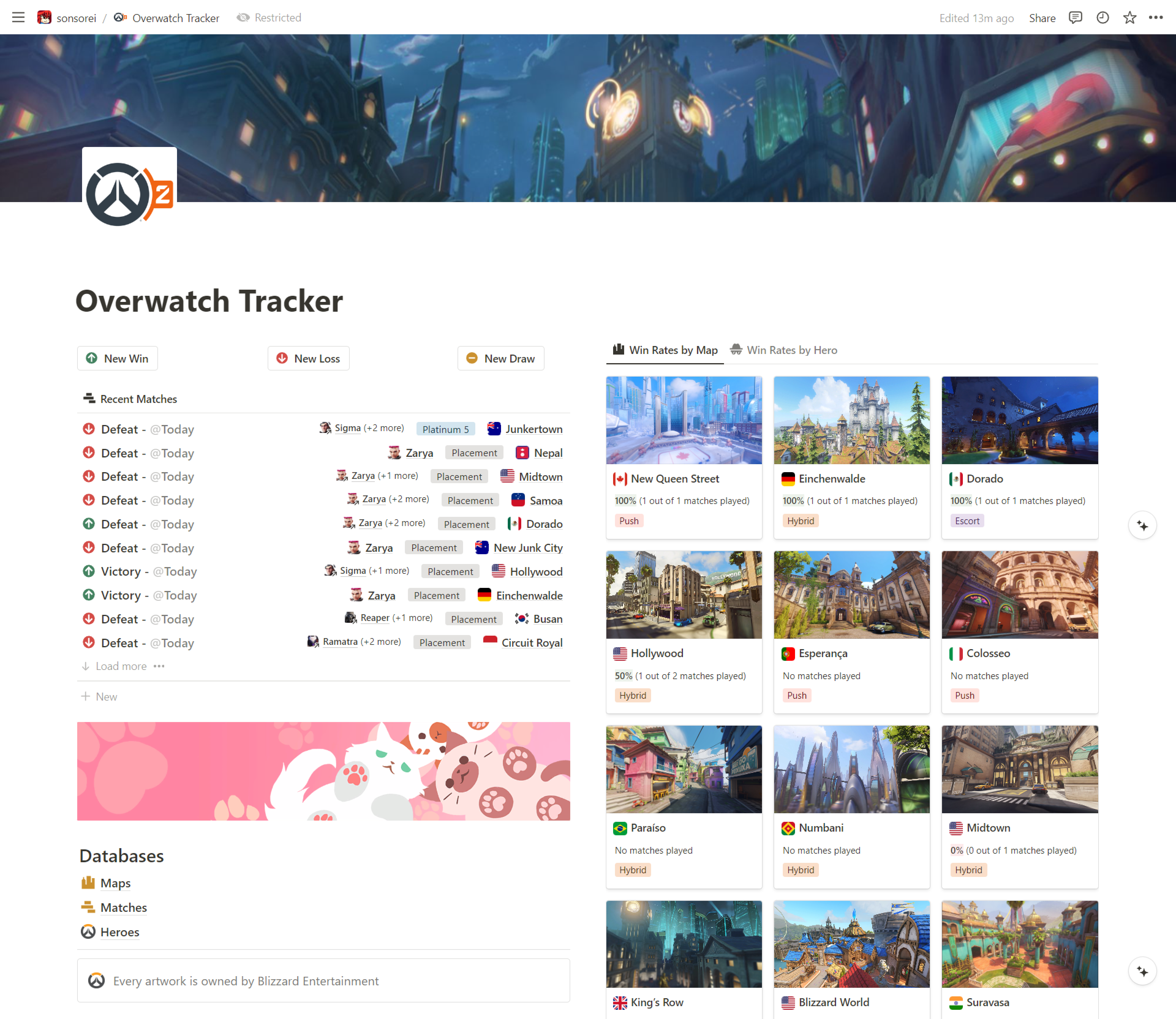 Overwatch Tracker dashboard showing match history and map win rates