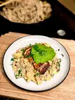 Mushroom alfredo with garlic and herb air-fried chicken, and my current obsession, avocado [homemade]