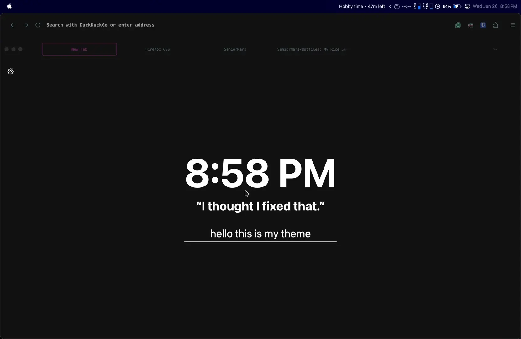 My firefox theme! Dark/minimalistic. It only has what I need—setup in the comments.