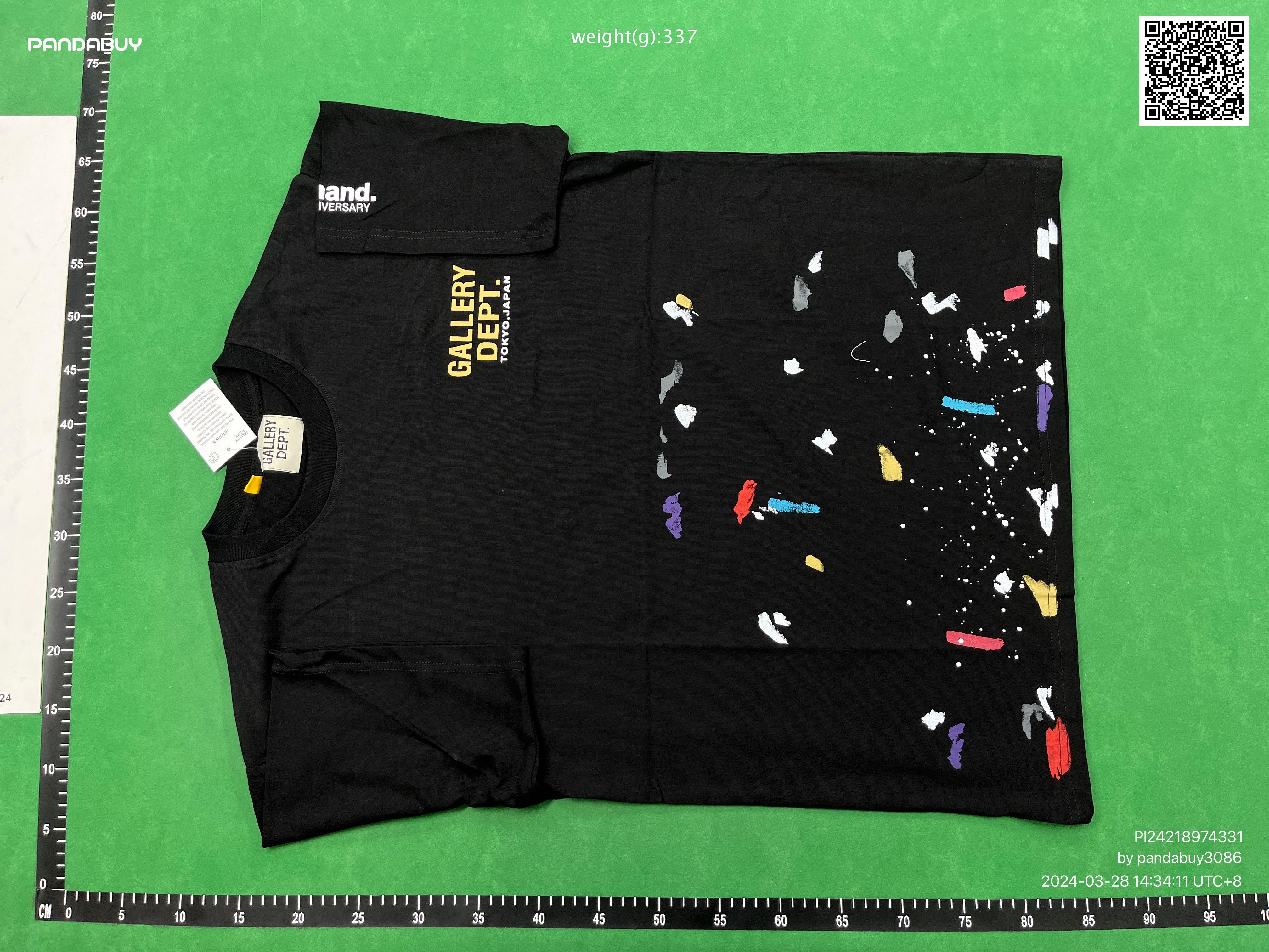 Pandabuy haul of streetwear including Gallery Dept, Spotify, and FC Barcelona shirts and sneakers on a green background