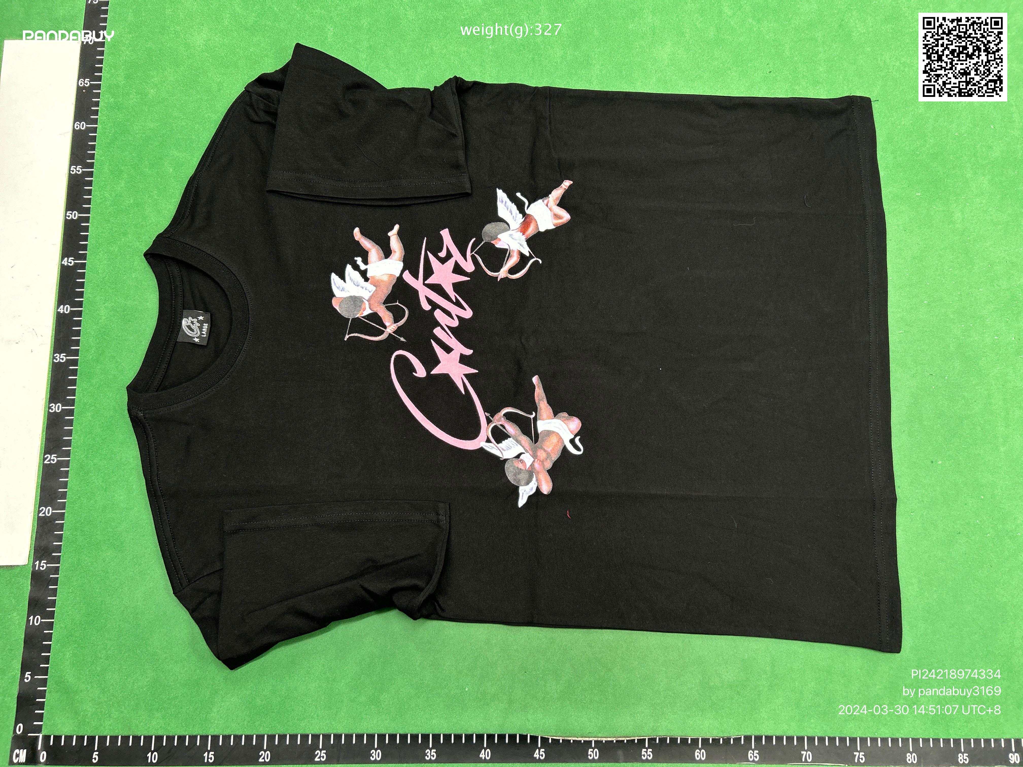 Pandabuy haul of streetwear including Gallery Dept, Spotify, and FC Barcelona shirts and sneakers on a green background