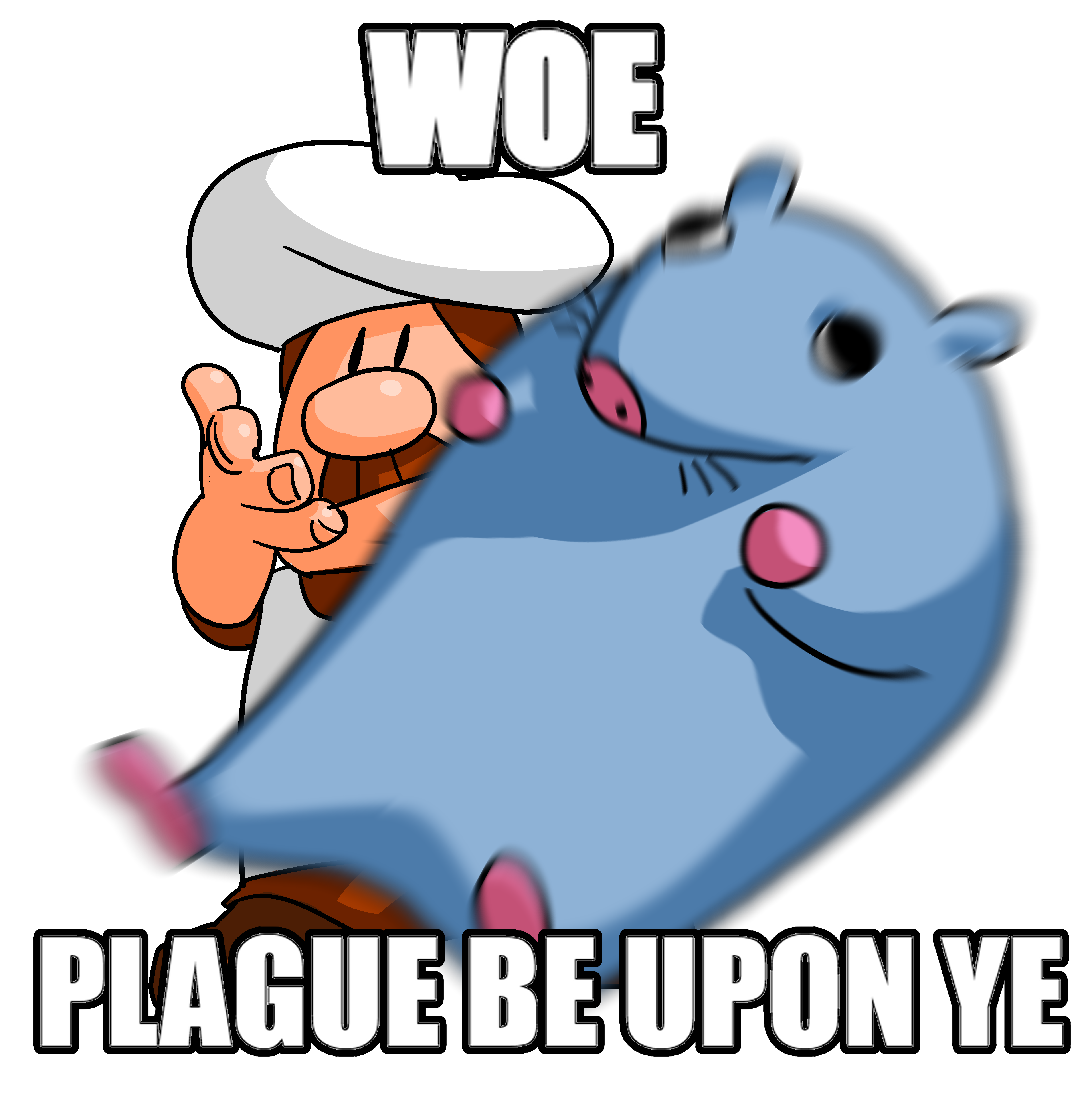 Pizza Tower meme with a small tan character in a white robe and hat and a blue creature saying WOE PLAGUE BE UPON YE
