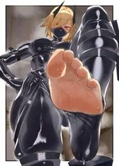 Anime women in latex catsuits, lingerie, and fetish gear including a head bag and collars.