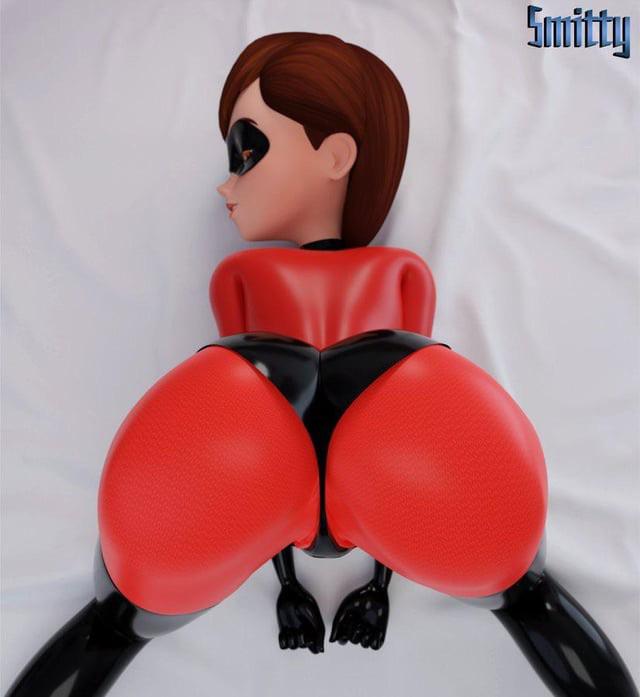 Elastigirl in a red and black catsuit with a huge ass and wide hips, 3D fan art