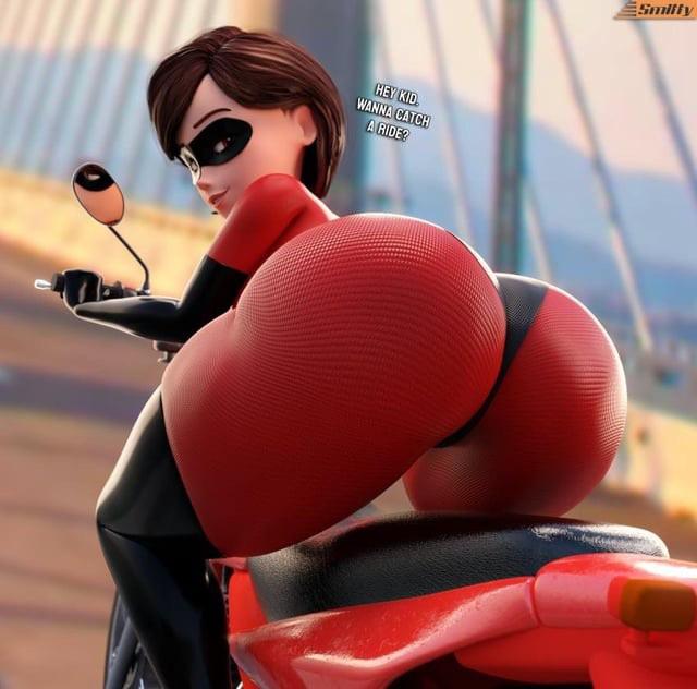 Elastigirl in a red and black catsuit with a huge ass and wide hips, 3D fan art