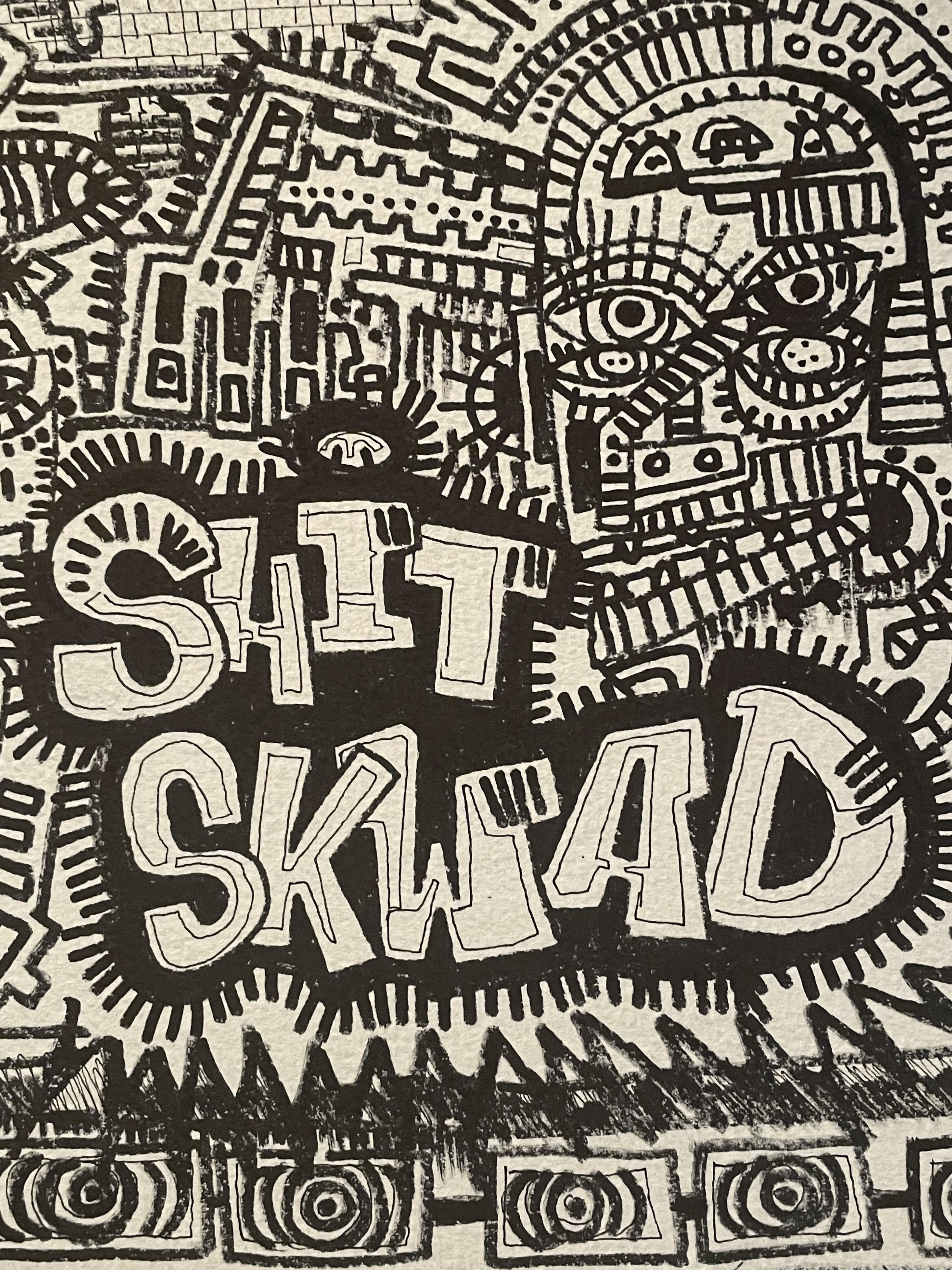 Black and white doodle art with 'SHIT SKWAD' text, fine line tattoo inspiration and streetwear designs