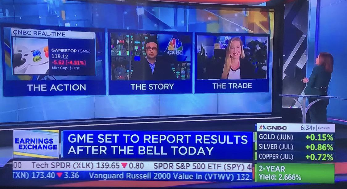 CNBC news broadcast screenshots featuring GME and Citadel Securities reports with a news presenter and staff.