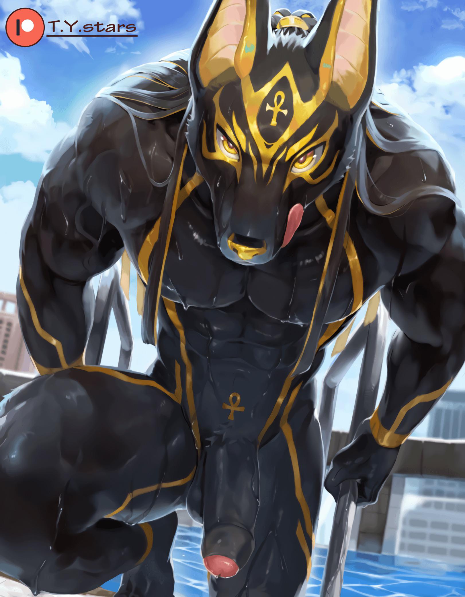 Muscular male and anthropomorphic figures in costumes, including a Mandalorian helmet and Anubis mask, featuring huge cocks.