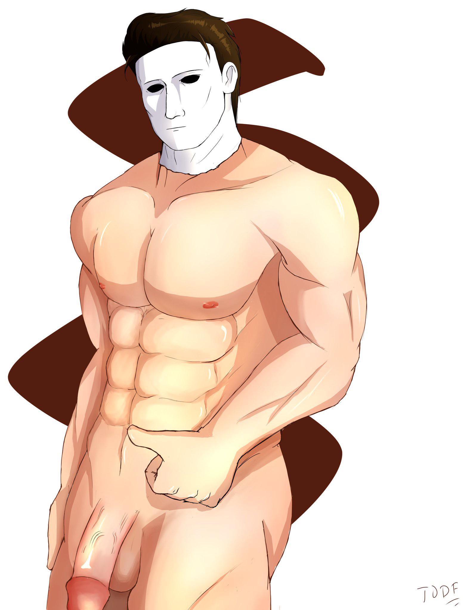 Muscular male and anthropomorphic figures in costumes, including a Mandalorian helmet and Anubis mask, featuring huge cocks.