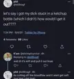 Oddly specific Twitter thread with profile pictures of a person in a white shirt and another user.