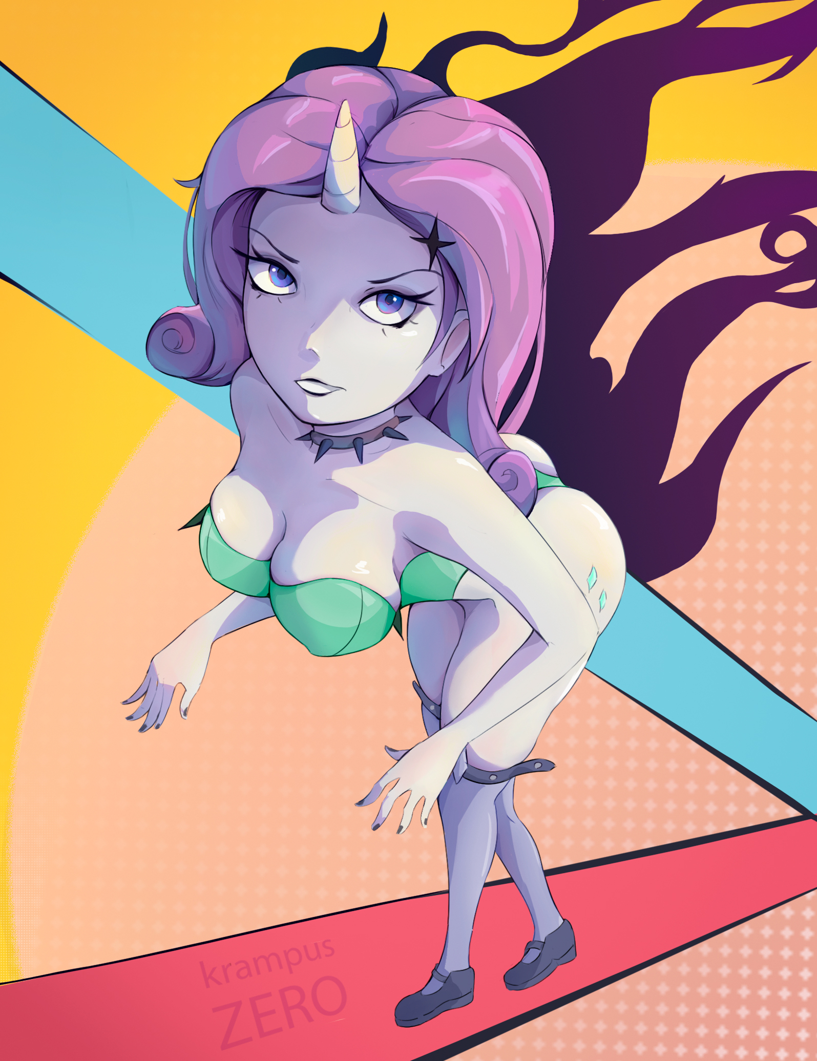 Anime art of a busty monster girl with grey skin, long blue hair, and pink eyes, naked against an abstract background.
