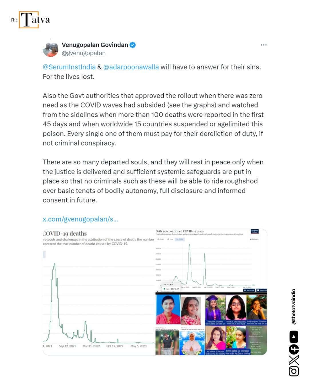 Covishield vaccine linked death news headline and social media post featuring an Indian woman