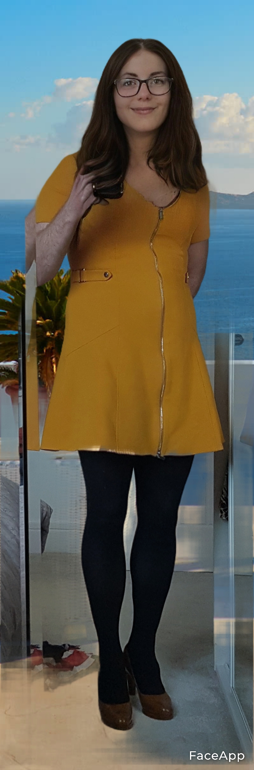 Sissy in a yellow mini dress and black dress with tights and high heels