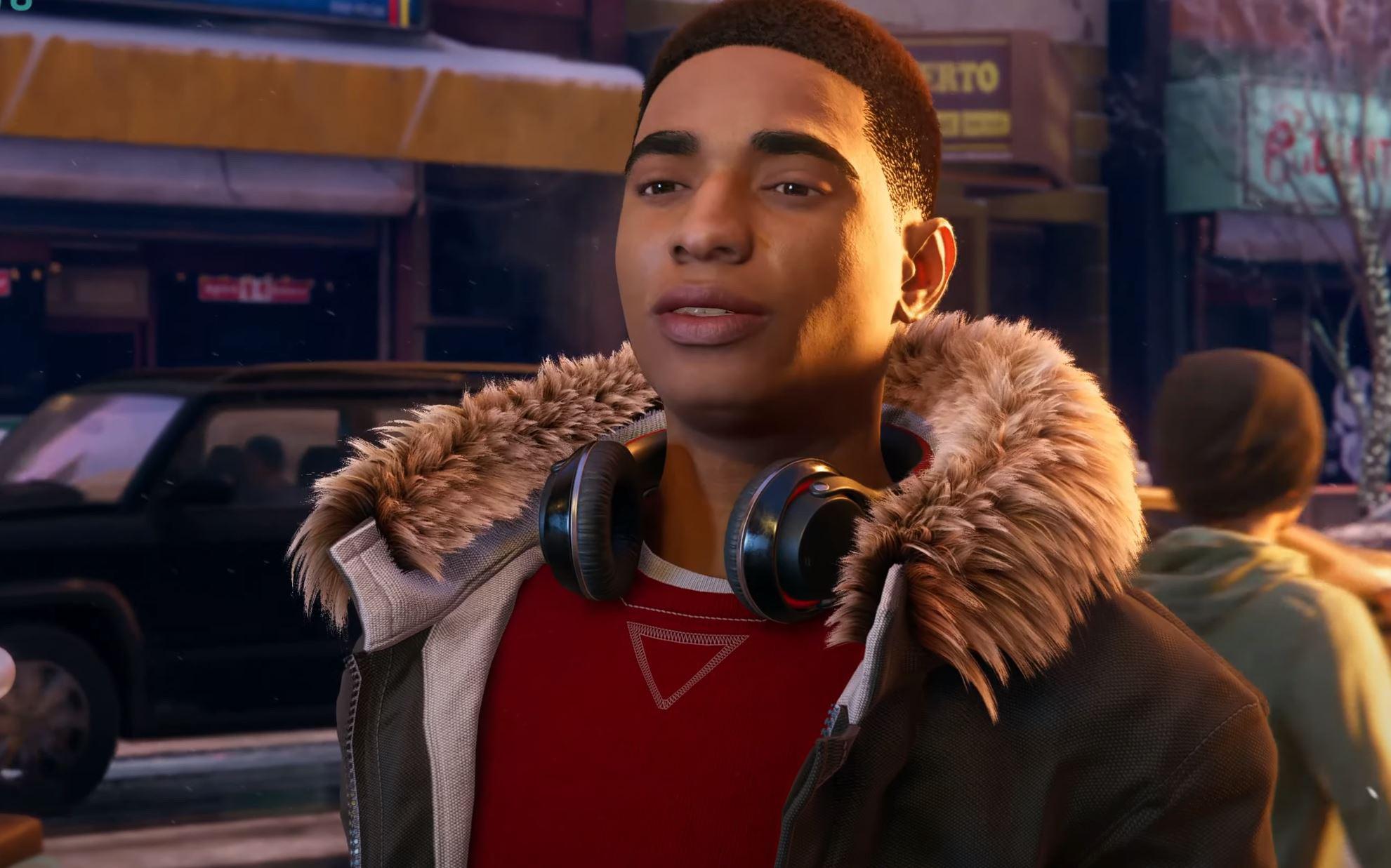 Spiderman PS4 concept art of a character in a red and blue superhero costume and a young man in a leather jacket