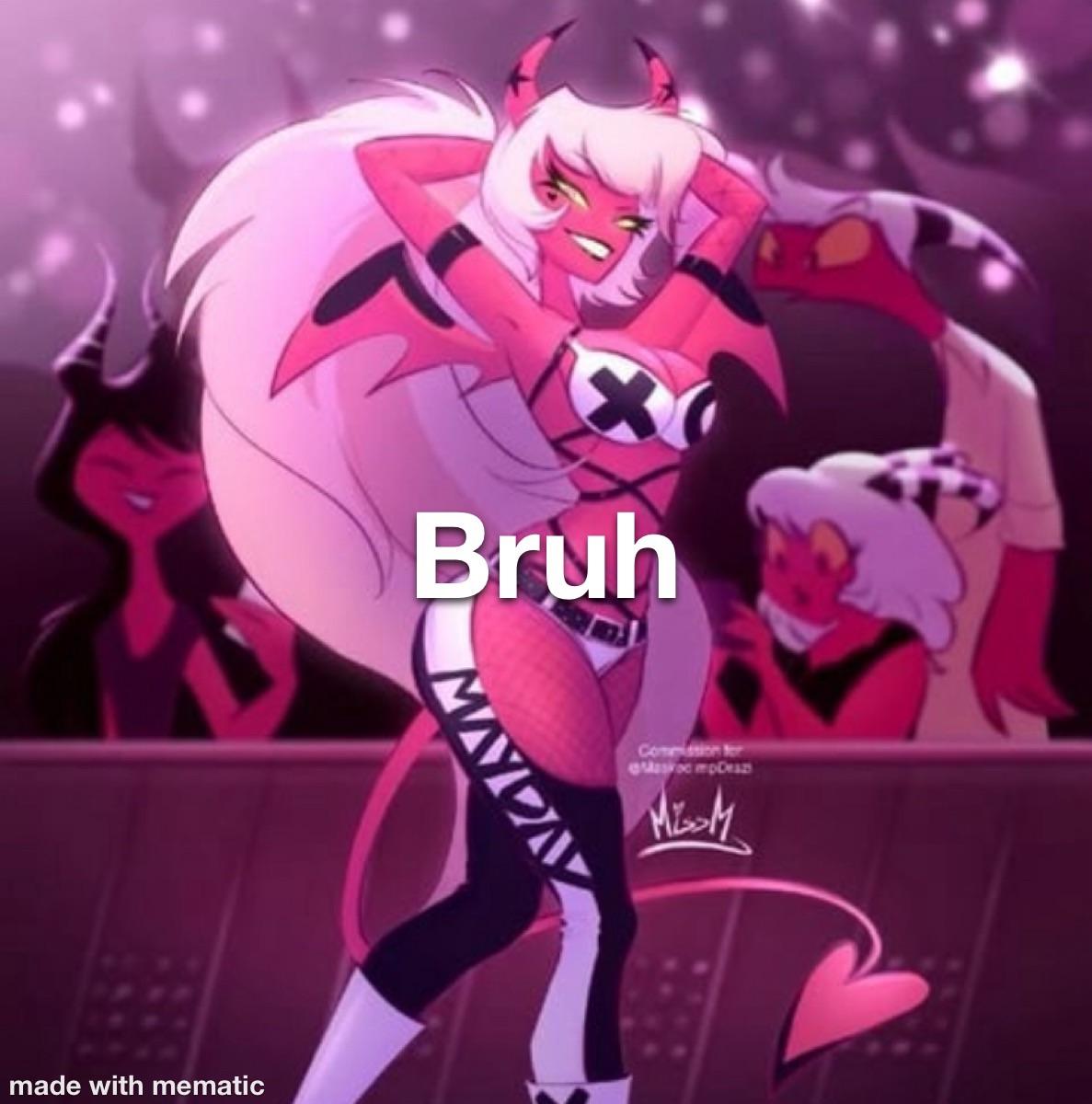 Hazbin Hotel fan art meme of four slender animated characters with pink and white hair in a purple-lit venue.