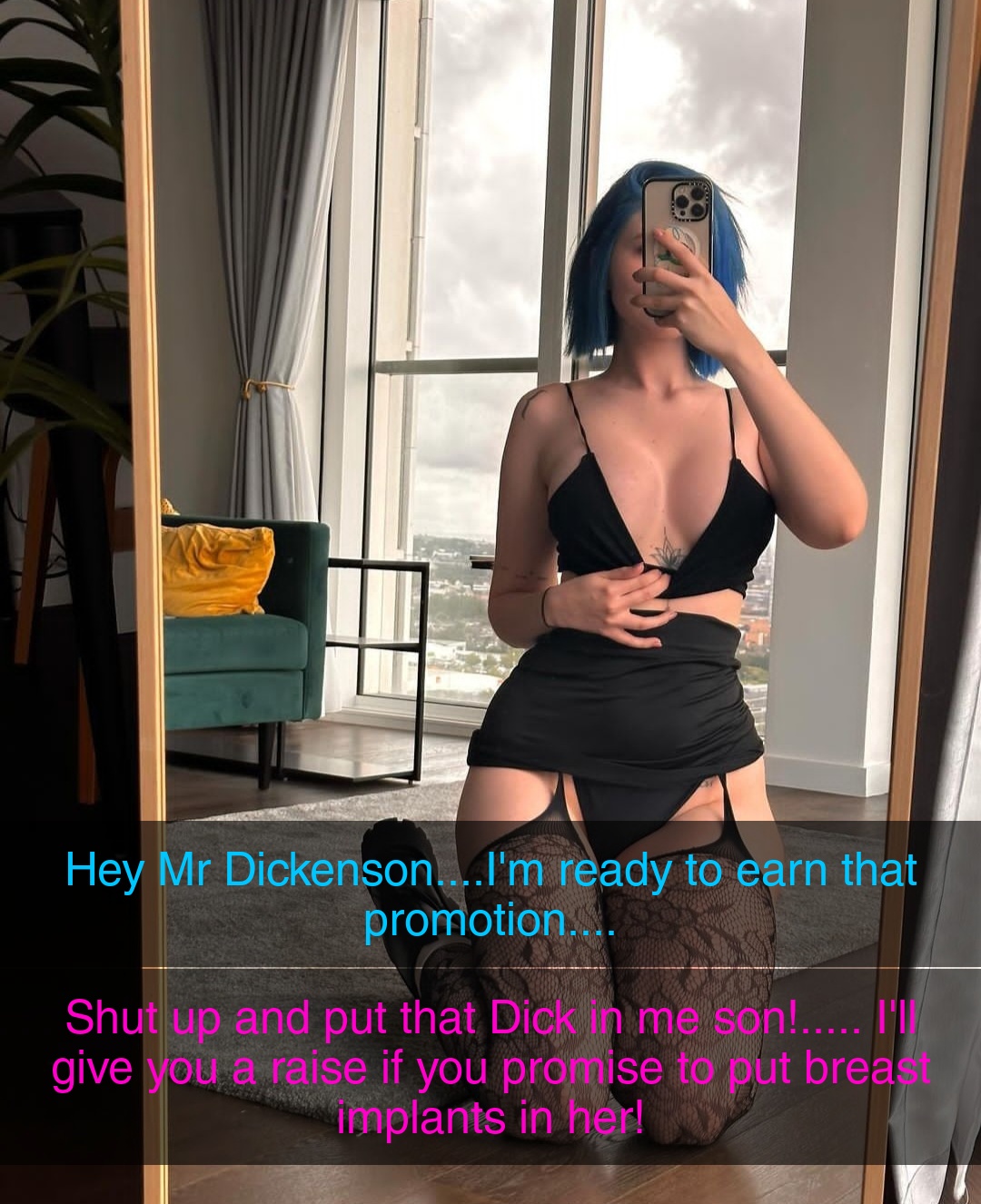 Slim white woman with blue hair in black lingerie, bra, mini skirt, and garter belt for a bodyswap erotica story.