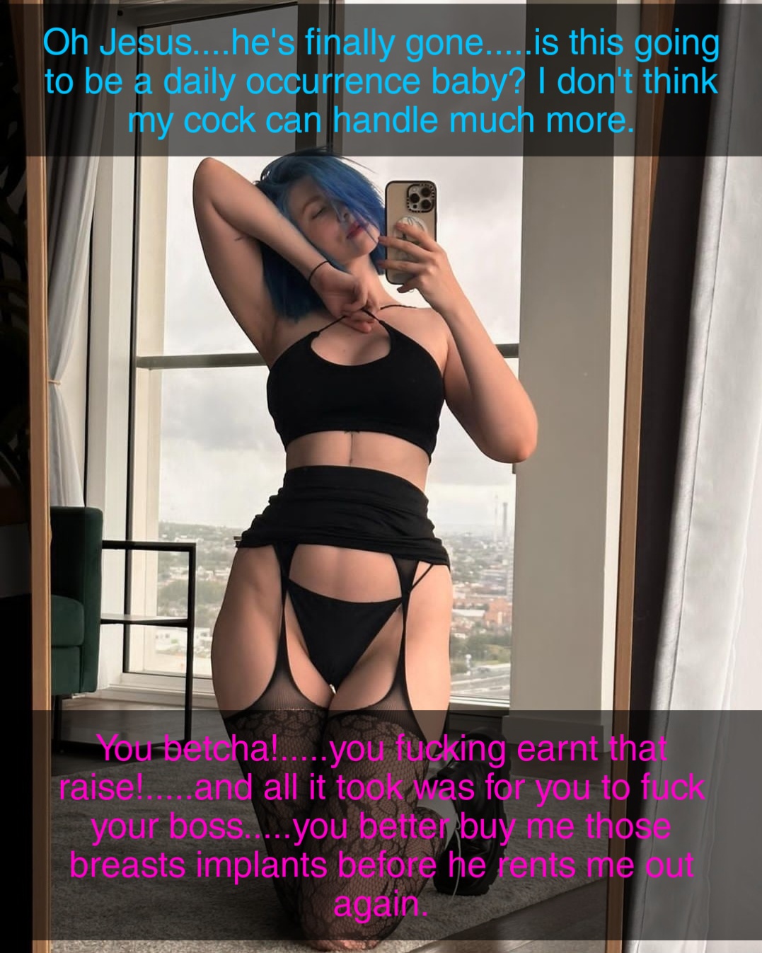 Slim white woman with blue hair in black lingerie, bra, mini skirt, and garter belt for a bodyswap erotica story.