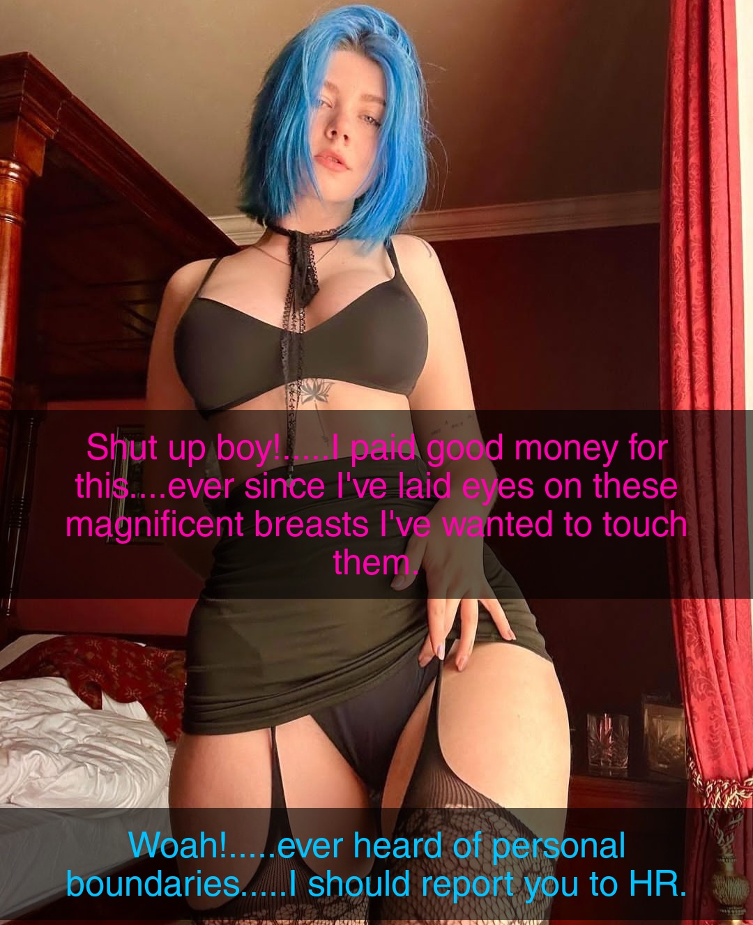 Slim white woman with blue hair in black lingerie, bra, mini skirt, and garter belt for a bodyswap erotica story.
