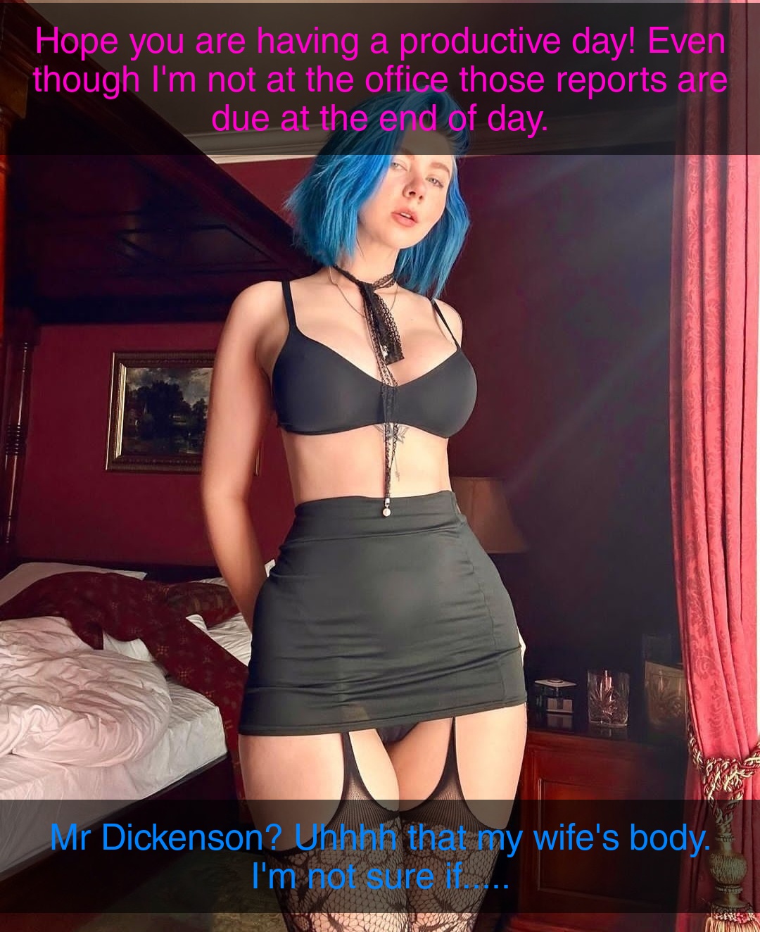 Slim white woman with blue hair in black lingerie, bra, mini skirt, and garter belt for a bodyswap erotica story.