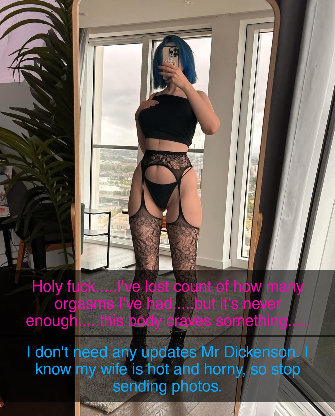 Slim white woman with blue hair in black lingerie, bra, mini skirt, and garter belt for a bodyswap erotica story.