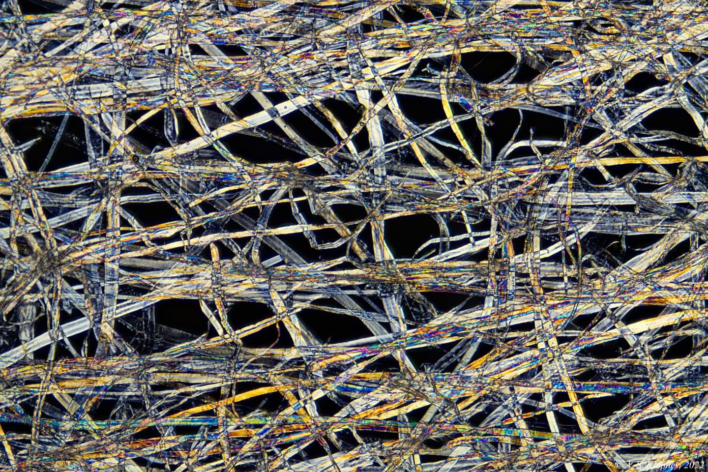 Paper tea bag under microscope. olarization, crossed polarizers. Ob. 9x, stacking, panorama