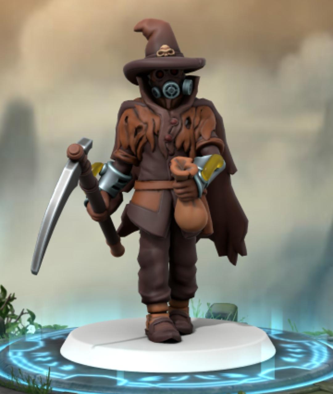 Batman villains as HeroForge 3D character miniatures on glowing blue bases in a misty setting