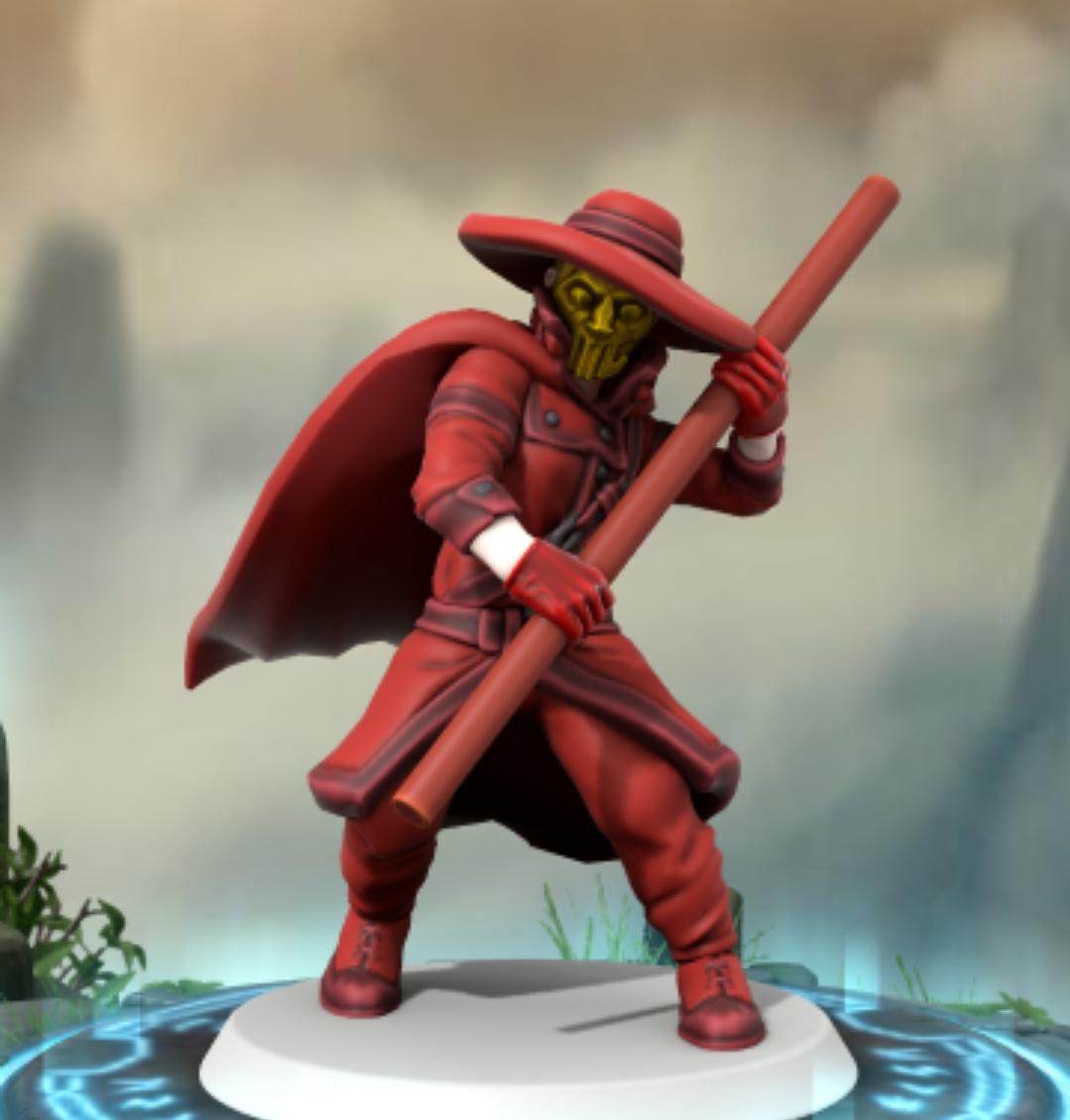 Batman villains as HeroForge 3D character miniatures on glowing blue bases in a misty setting