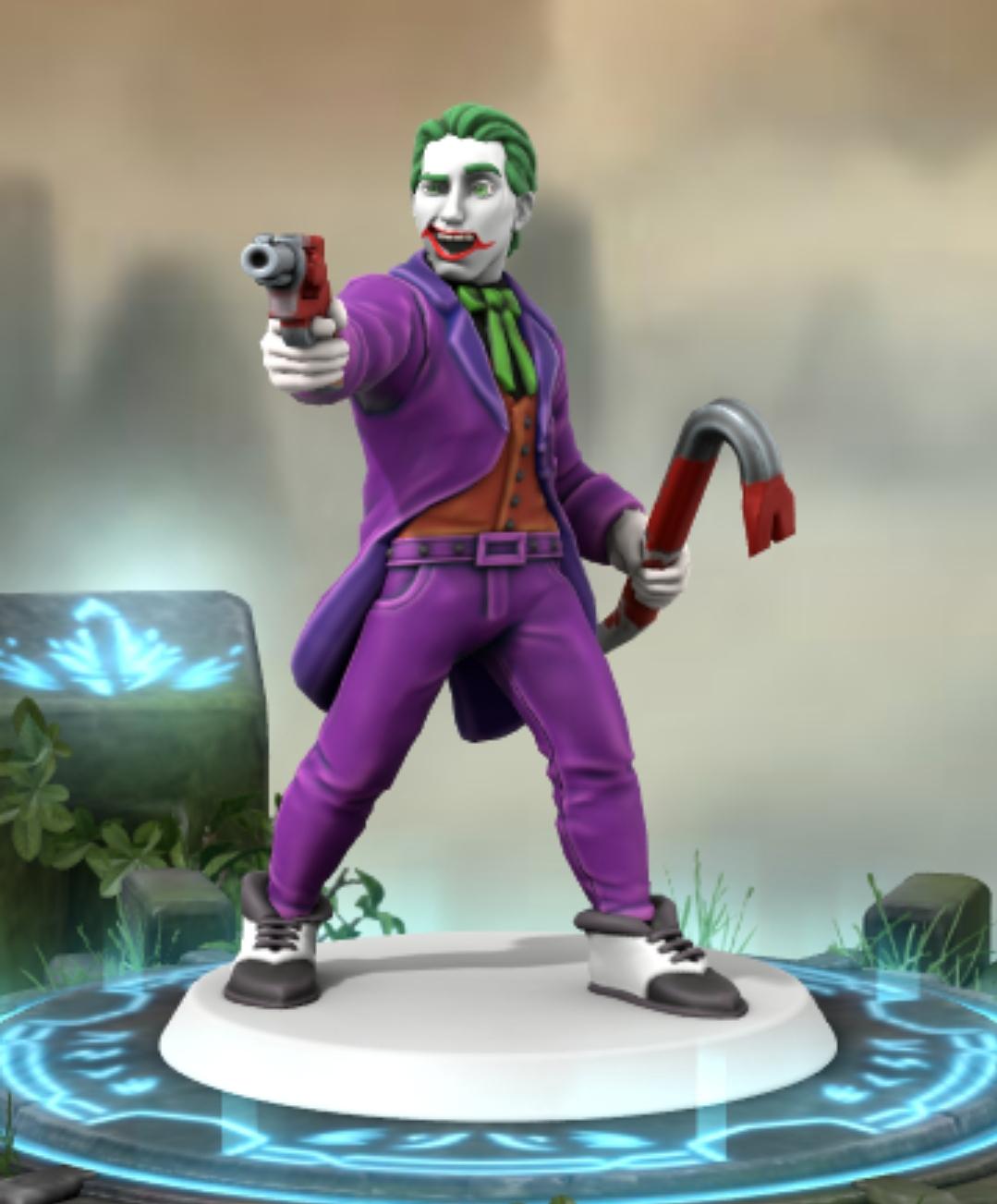 Batman villains as HeroForge 3D character miniatures on glowing blue bases in a misty setting
