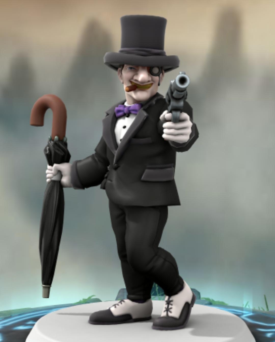 Batman villains as HeroForge 3D character miniatures on glowing blue bases in a misty setting