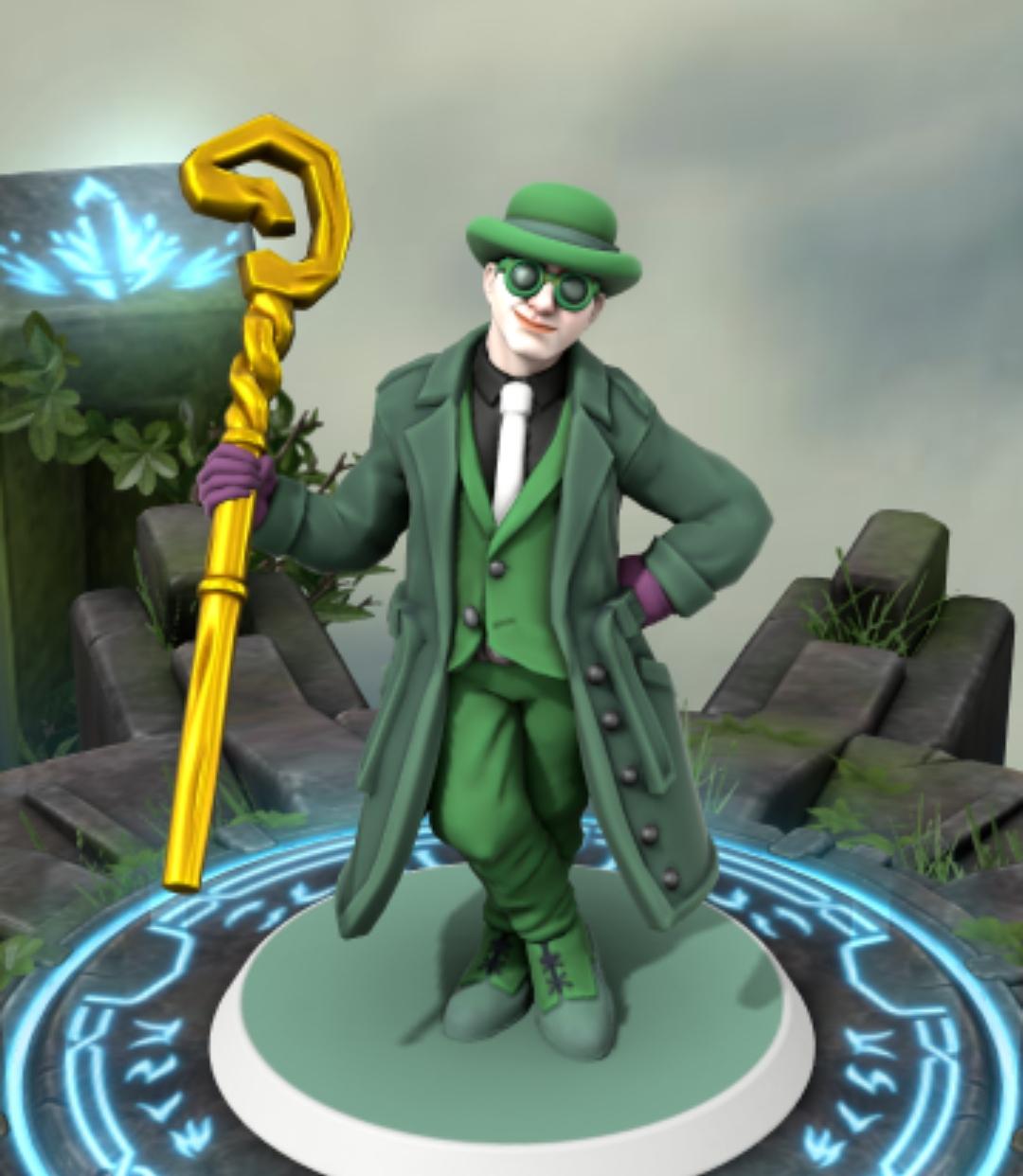 Batman villains as HeroForge 3D character miniatures on glowing blue bases in a misty setting