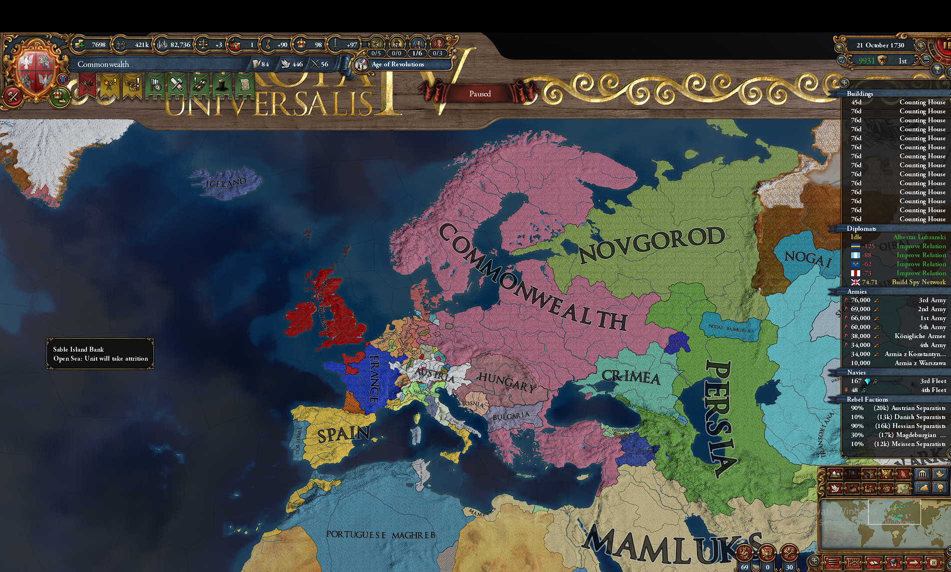Europa Universalis IV screenshot of a modified 1730 world map featuring the Polish Commonwealth