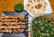 [homemade]Pork kebabs, coriander chutney, kalonji naan, tabbouleh with pearl couscous