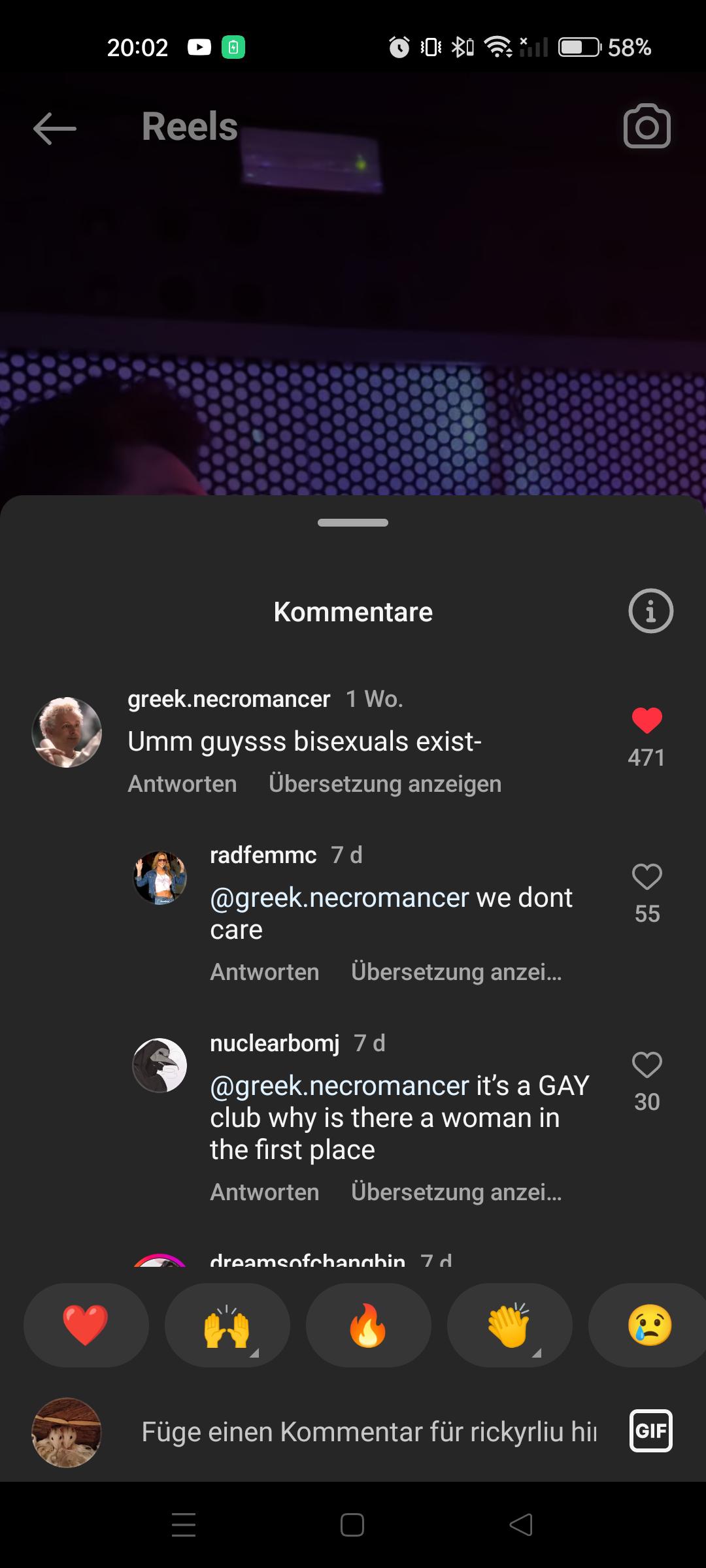 Bisexual and queer identity debate in an Instagram Reels comment section regarding gay clubs.