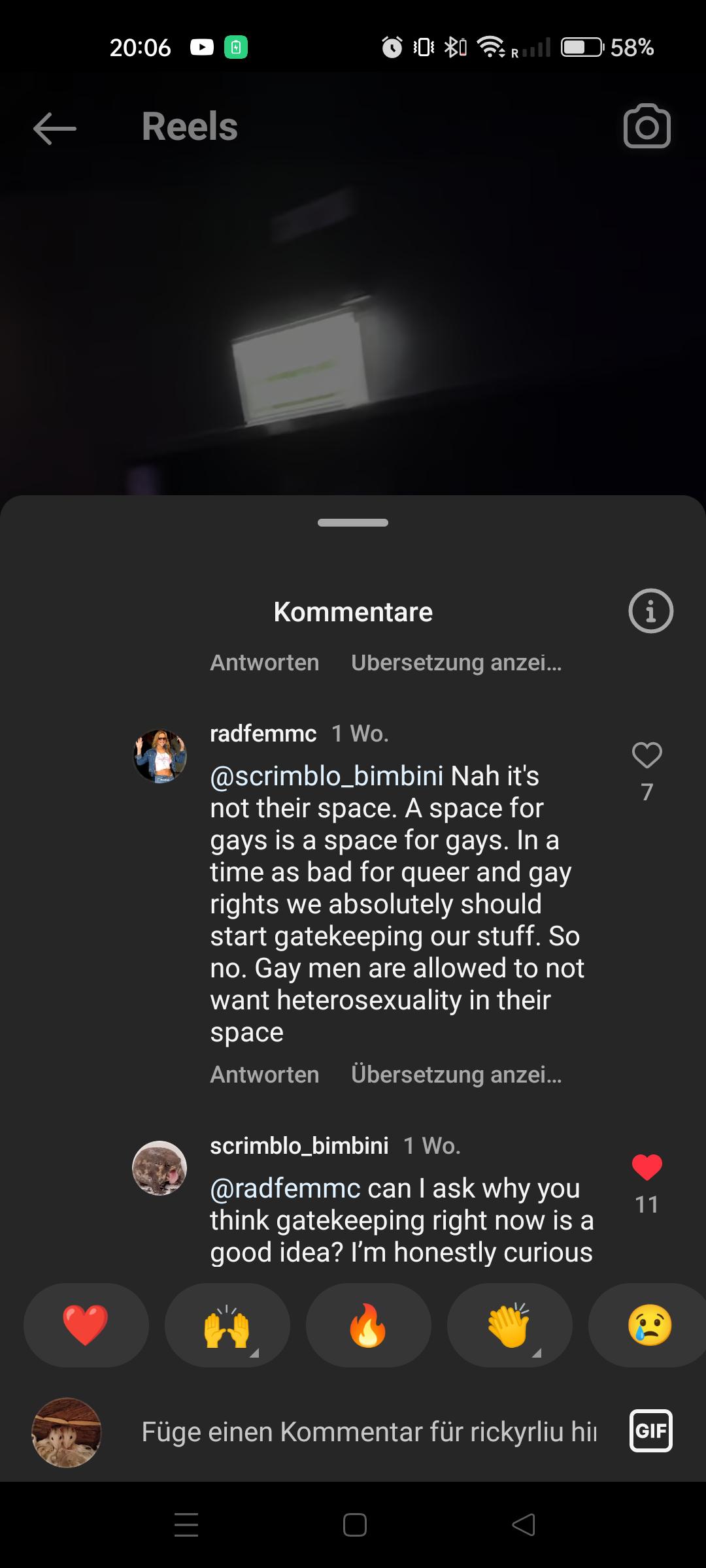 Bisexual and queer identity debate in an Instagram Reels comment section regarding gay clubs.